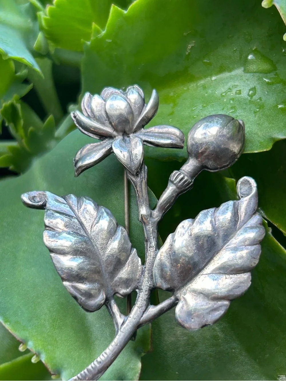 Vintage sterling silver Honolulu Ming’s Pikake flower leave brooch pin Rare